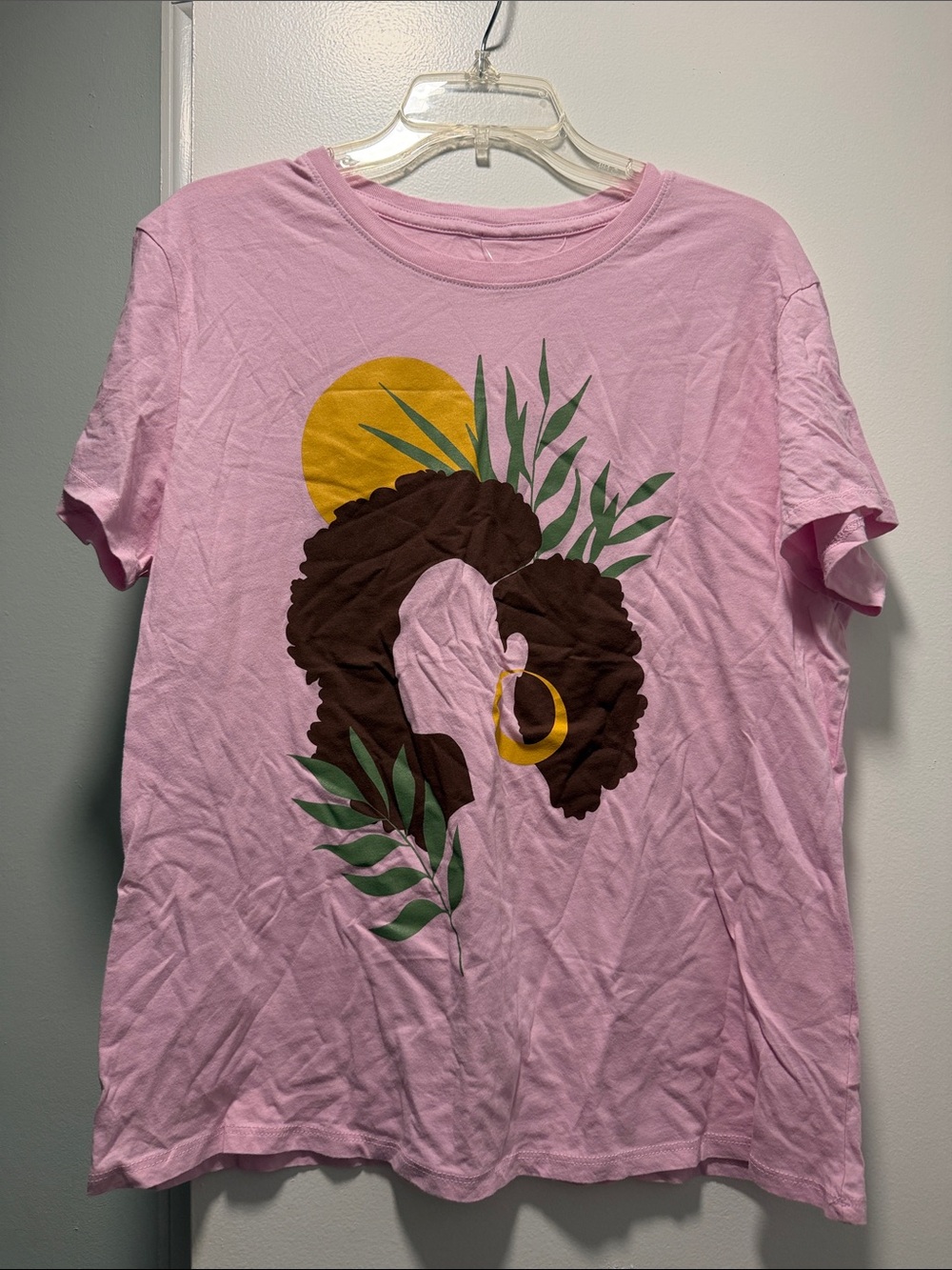 Pink Graphic Tee with Brown Afro Silhouette